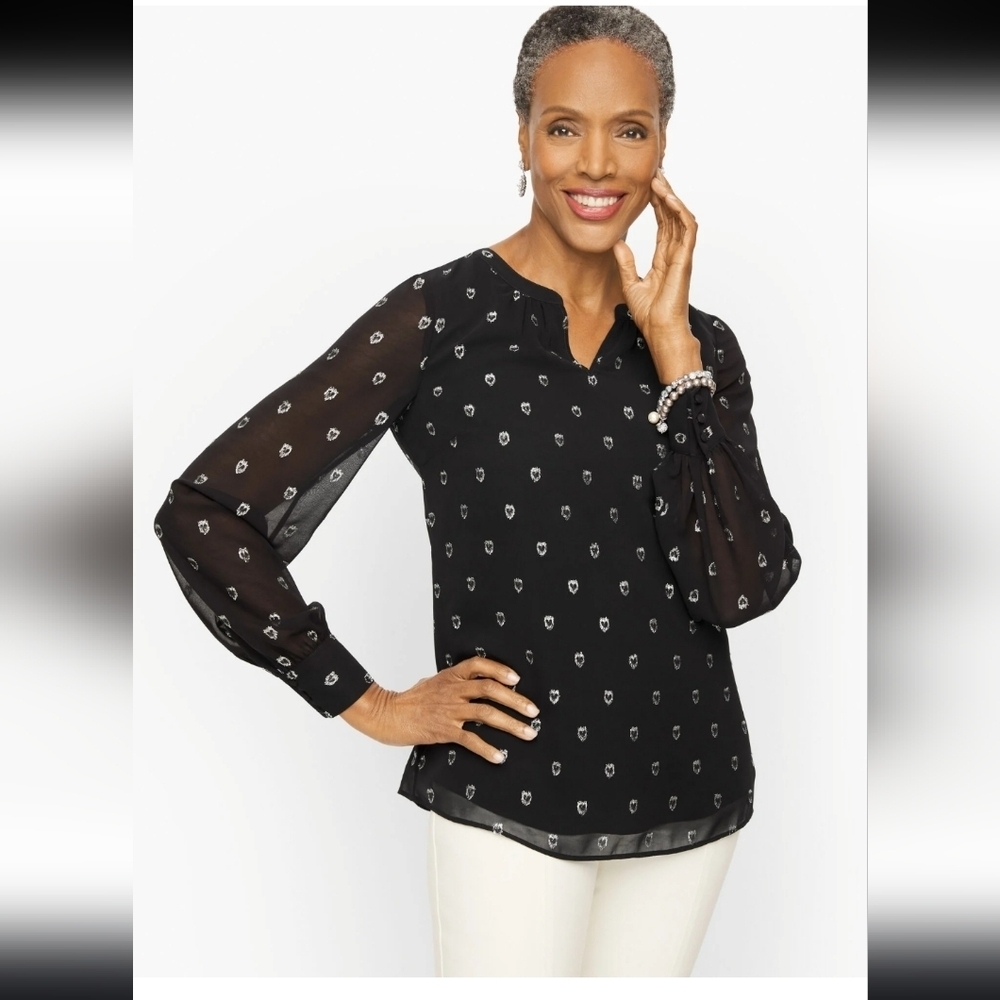 Talbots Women's Black Band Collar Top - Heart Jacquard, Large